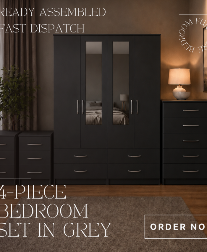 Grey 4 Door Mirrored Wardrobe Bedroom Set