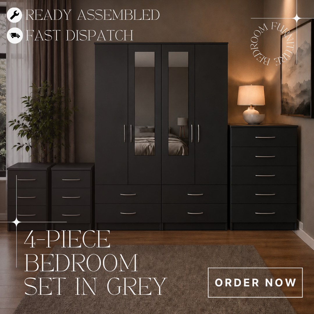 Grey 4 Door Mirrored Wardrobe Bedroom Set
