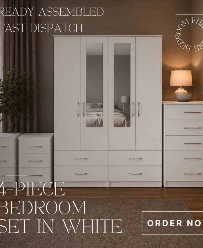 White 4 Door Mirrored Wardrobe Bedroom Set