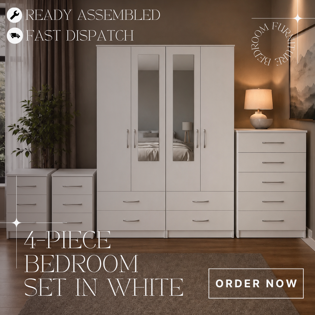 White 4 Door Mirrored Wardrobe Bedroom Set