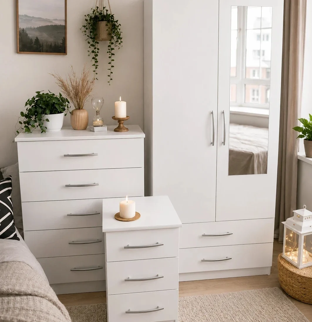 3 Piece Bedroom Furniture Set with Wardrobe Chest of Drawers and Bedside Table