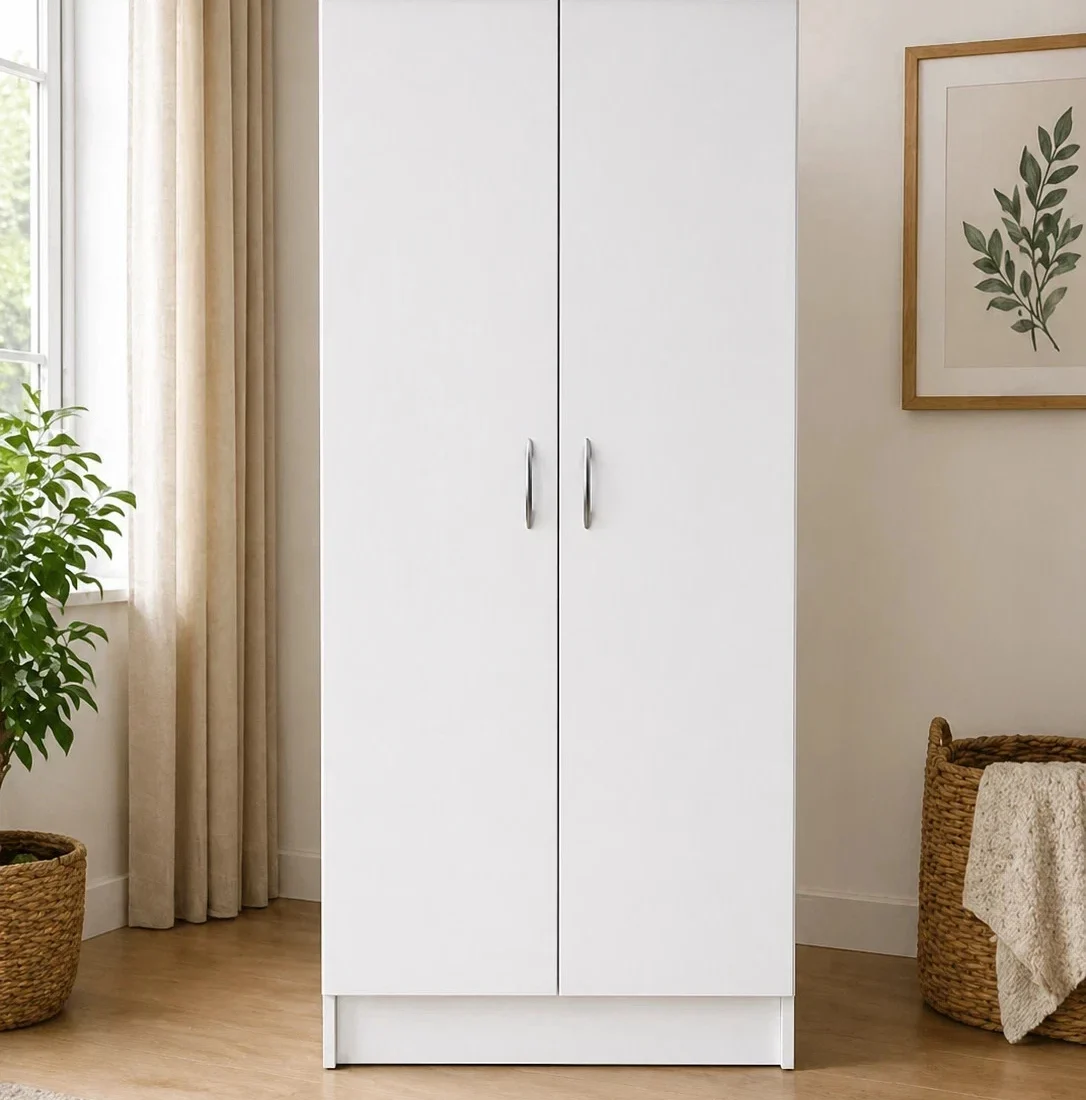 Ready assembled white 2 door wardrobe with hanging rail and shelf
