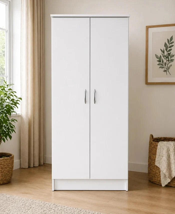 Ready assembled white 2 door wardrobe with hanging rail and shelf