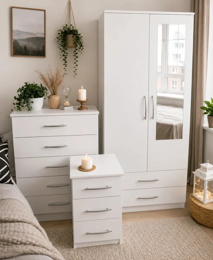 3 Piece Bedroom Furniture Set with Wardrobe Chest of Drawers and Bedside Table