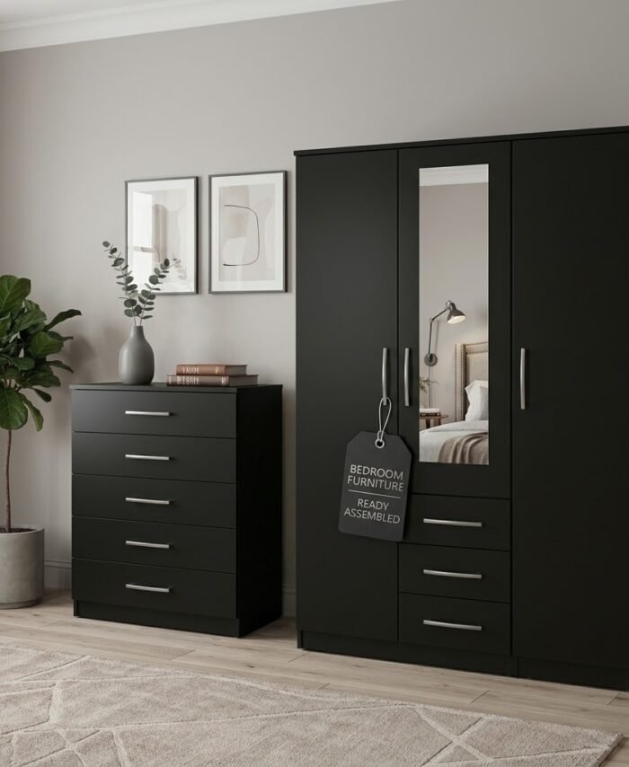 Pre-assembled matte black bedroom furniture set with silver curved handles and center mirror door