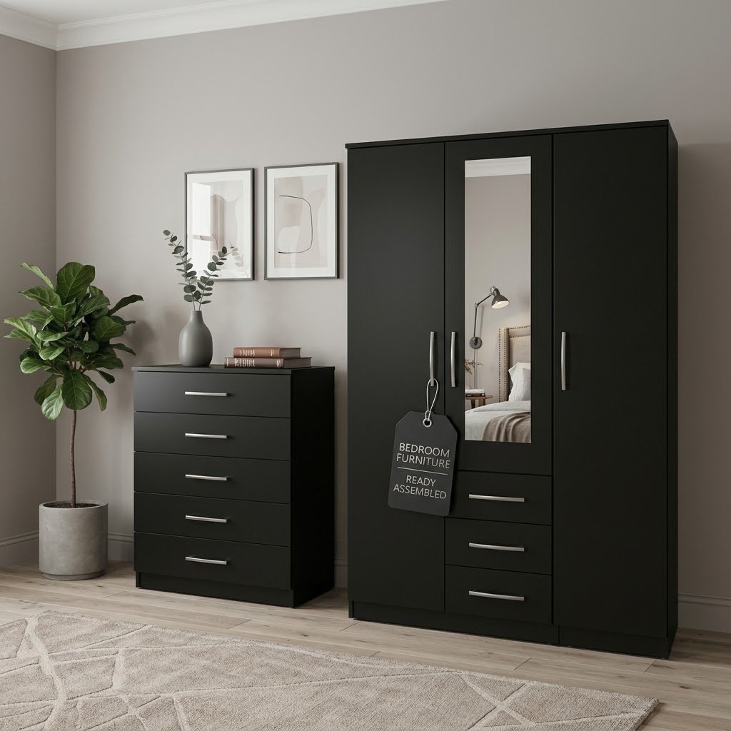 Pre-assembled matte black bedroom furniture set with silver curved handles and center mirror door