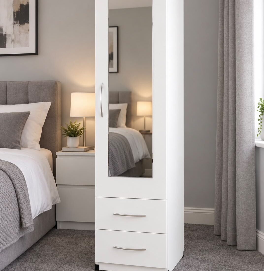 Ready assembled white mirrored wardrobe with 2 drawers 38cm