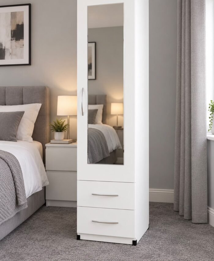 Ready assembled white mirrored wardrobe with 2 drawers 38cm