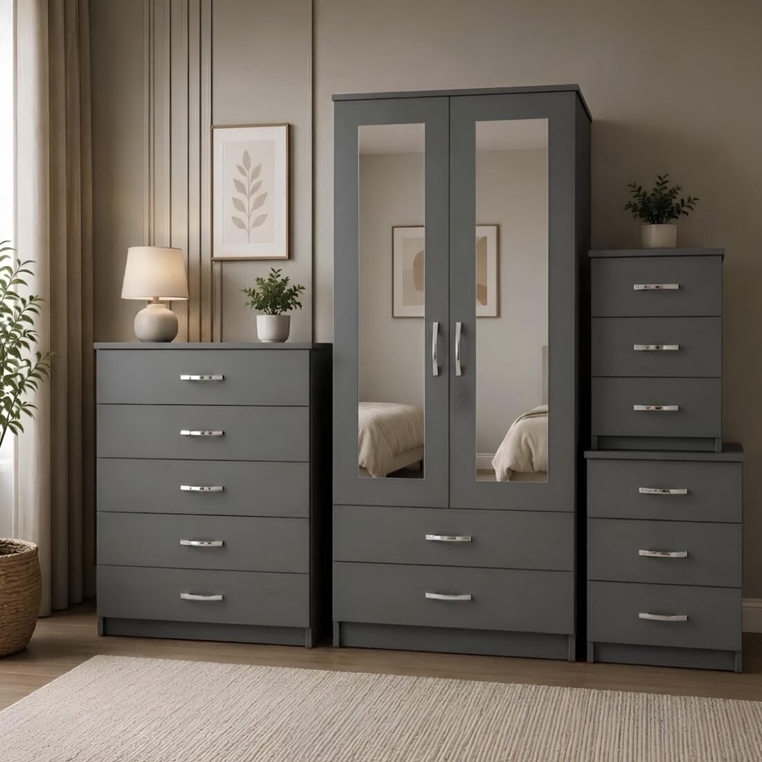 Modern Grey 2-Door Full Mirrored Wardrobe with 2 Drawers & Matching Bedroom Furniture Set