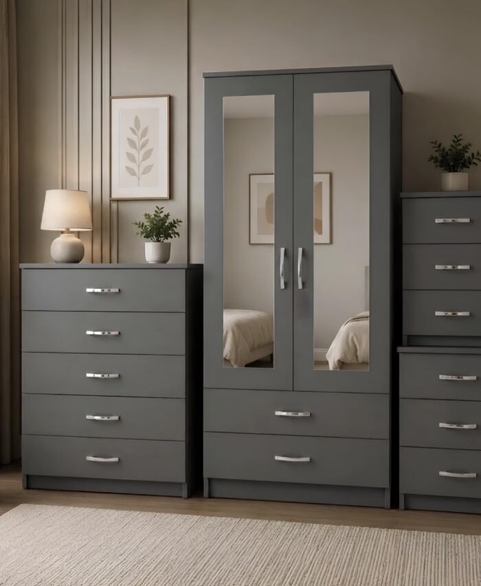 Modern Grey 2-Door Full Mirrored Wardrobe with 2 Drawers & Matching Bedroom Furniture Set