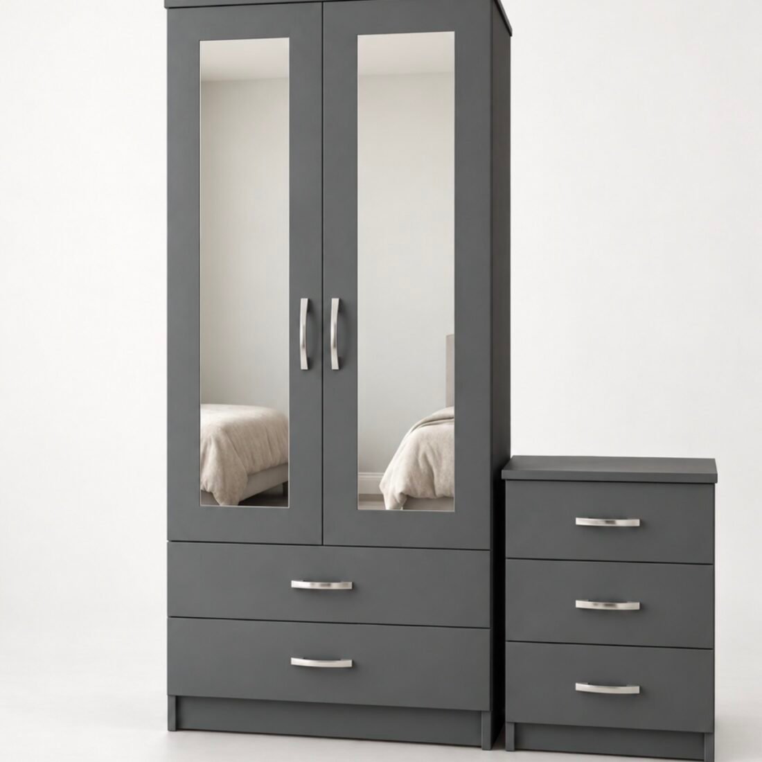 Modern Matte Grey 2-Piece Bedroom Furniture Set – 2-Door Mirrored Wardrobe with Drawers & Matching 3-Drawer Bedside Cabinet