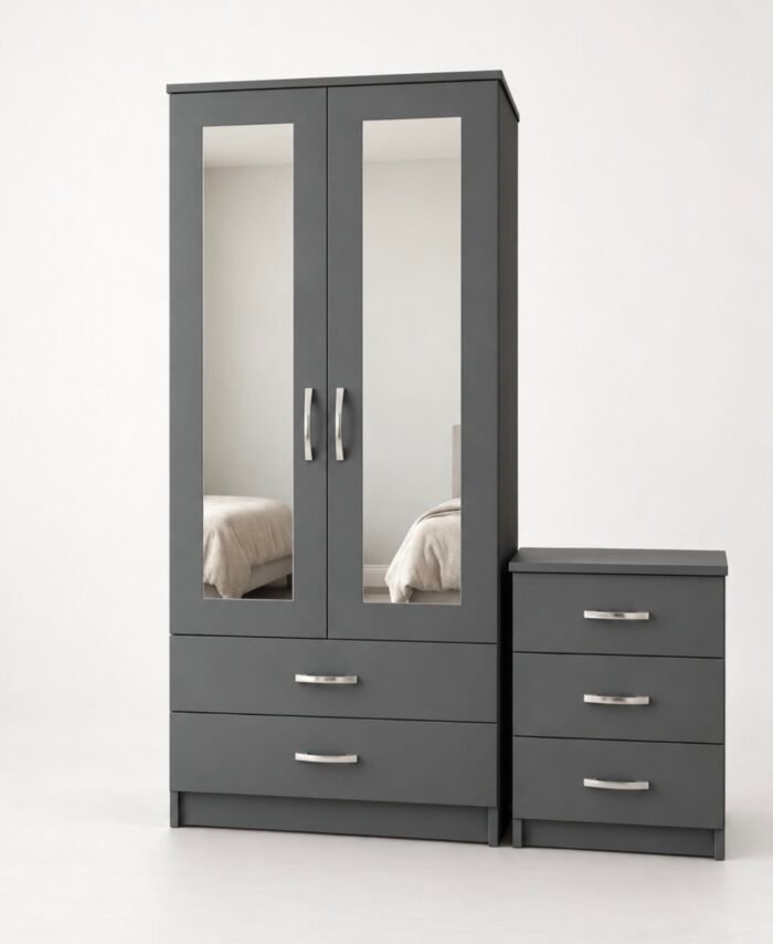 Modern Matte Grey 2-Piece Bedroom Furniture Set – 2-Door Mirrored Wardrobe with Drawers & Matching 3-Drawer Bedside Cabinet