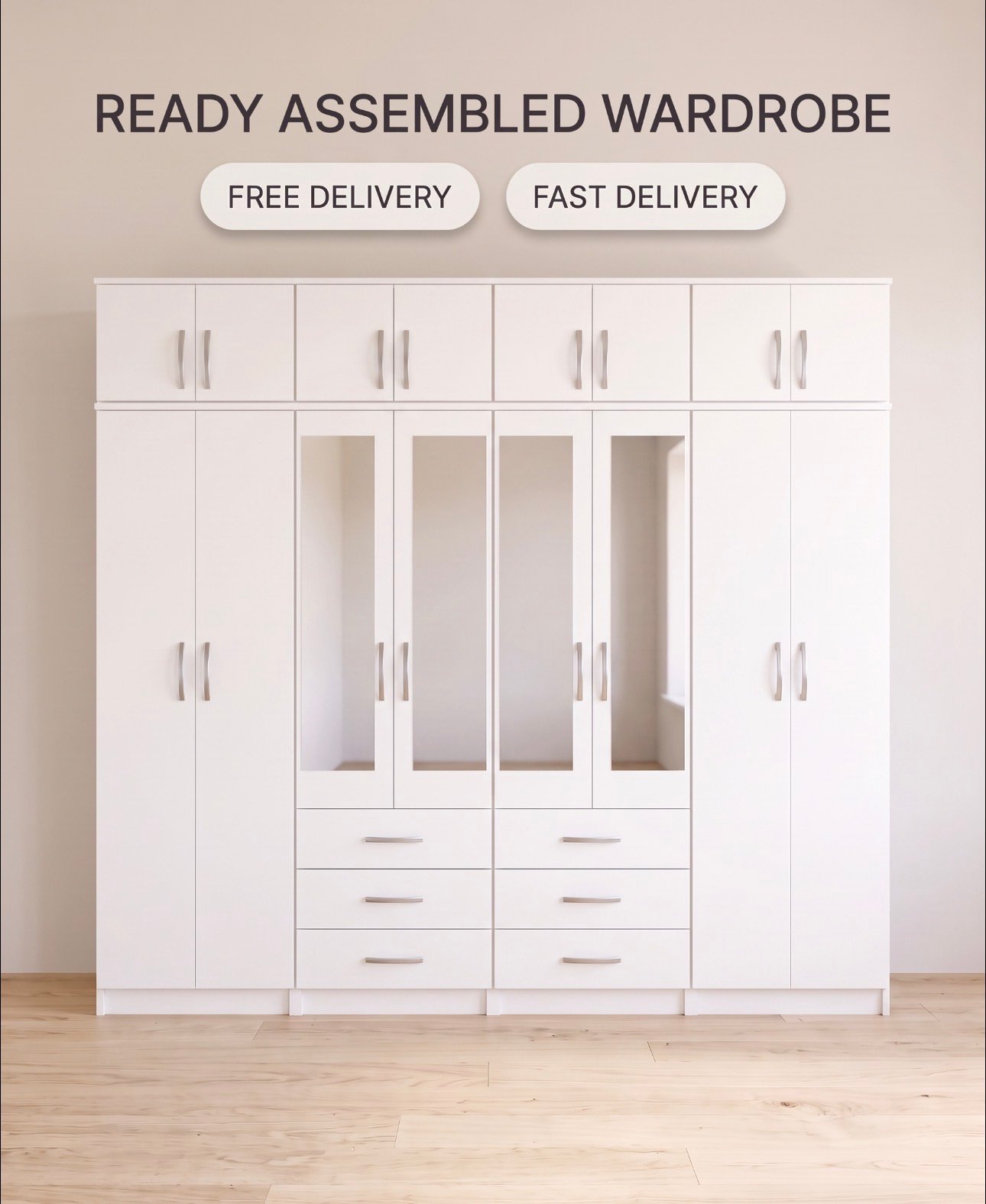 Modern 250cm white mirrored wardrobe with drawers and top storage cupboards